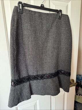 Cato Gray Tweed A-Line Skirt with Black Lace Band